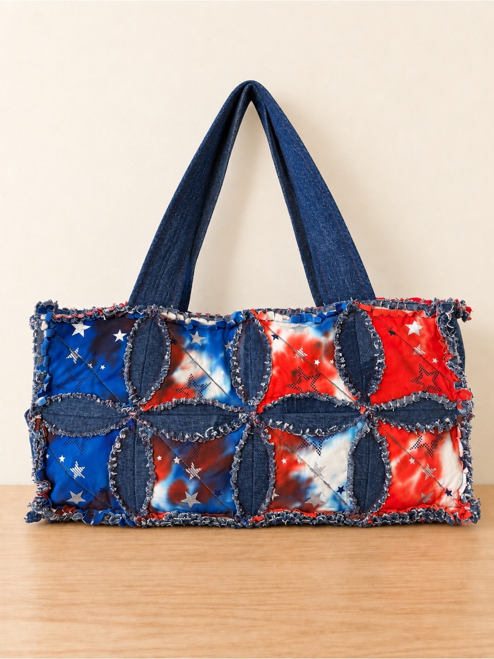 Handmade Quilted Americana Patchwork Denim Tote Bag
